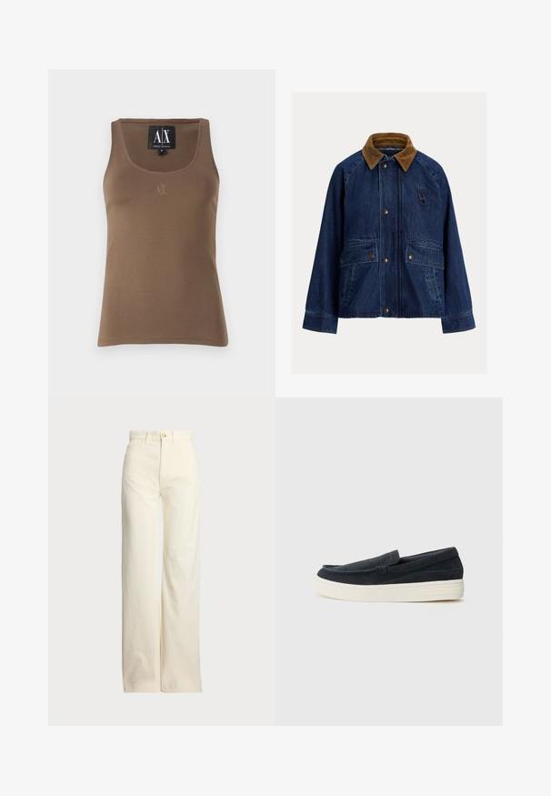 Jasnoniebieska kurtka dżinsowa z brązowym kołnierzem z kordurowej tkaniny, z dwoma przednimi kieszeniami, srebrnym metalowym wykończeniem oraz detalem w postaci pętli na lewej piersi.; Brązowy bawełniany top na ramiączkach z szerokim dekoltem, szwami bocznymi i małym haftowanym logo na piersi. Gładka faktura.; Polo Ralph Lauren - Spodnie materiałowe; Granatowe zamszowe buty wsuwane z okrągłym noskiem, kontrastującą białą gumową podeszwą i minimalnymi detalami wzdłuż szwów.