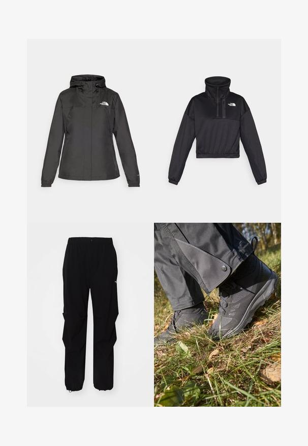 Zwarte waterdichte jas met een aansluitend ontwerp, verstelbare trekkoordkap en elastische manchetten. Heeft een logo op de linkerborst en een gladde textuur.; Zwarte cropped pullover sweatshirt met hoge kraag, halve rits, ribgebreide accenten en het The North Face-logo op de borst. Gemaakt van gladde stof.; Zwarte outdoorbroek gemaakt van duurzaam materiaal, met een relaxte fit, elastische tailleband en een afgeknipte onderkant voor verstelbare lengte.; Zwarte waterdichte wandelschoenen met textuurstof en rubberen zolen, naast grijze broek met drukknopen, geplaatst op grasgrond met bladeren.