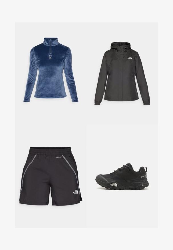 Giacca impermeabile nera con design aderente, cappuccio regolabile con cordino e polsini elasticizzati. Presenta il logo sul petto sinistro e una texture liscia.; Spyder SHIMMER BUG 1/2 ZIP - Felpa in pile - true navy; Shorts sportivi neri realizzati in materiale leggero, con una vita elastica, dettagli riflettenti e il logo "The North Face" sul lato sinistro.; Scarpa da trekking nera con una tomaia texturizzata, chiusura con lacci e una suola di gomma spessa che presenta un logo prominente sul lato e disegni del battistrada.