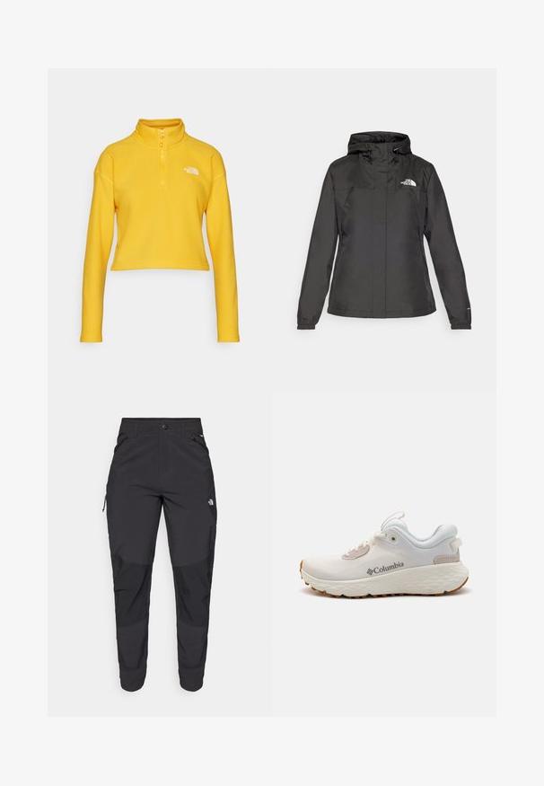 Black waterproof jacket with a fitted design, adjustable drawstring hood, and elastic cuffs. Features logo on left chest and smooth texture.; The North Face GLACIER CROPPED ¼ ZIP - Fleece jumper - summit gold; Black outdoor pants made of durable fabric. Feature zippered pockets, reinforced knee panels, and a straight cut design for mobility.; Lightweight Columbia athletic shoe in white mesh with a textured gray sole and rubber traction. Features a padded collar and lace-up design.