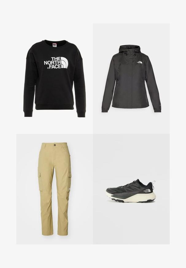 Chaqueta impermeable negra con un diseño ajustado, capucha con cordón ajustable y puños elásticos. Presenta un logo en el lado izquierdo del pecho y una textura suave.; Sudadera negra hecha de una mezcla de algodón, con cuello redondo y mangas largas, y un destacado logo blanco en la parte frontal.; Pantalones cargo en color caqui claro, con pernera recta, múltiples bolsillos laterales y una cinturilla simple con cierre de botón. La textura es lisa.; Zapatilla deportiva negra con parte superior texturizada, que presenta acentos grises y una entresuela blanca. Incluye una lengüeta y un logotipo de la marca destacado en el talón.