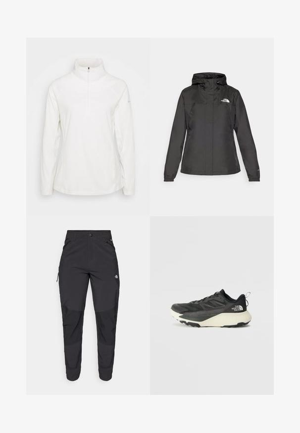 Casaco impermeável preto com design ajustado, capuz com cordão ajustável e punhos elásticos. Apresenta logotipo no lado esquerdo do peito e textura suave.; Pullover branco de felpa com gola alta e fecho de zip de meio comprimento, com mangas raglan e uma textura suave. Design simples e funcional.; Calças pretas para exterior feitas de um tecido resistente. Apresentam bolsos com fecho, painéis de joelhos reforçados e um design de corte reto para maior mobilidade.; Shoe atlético preto com um cabedal texturizado, apresentando detalhes em cinza e uma entressola branca. Inclui uma alça e um logótipo da marca em destaque no calcanhar.