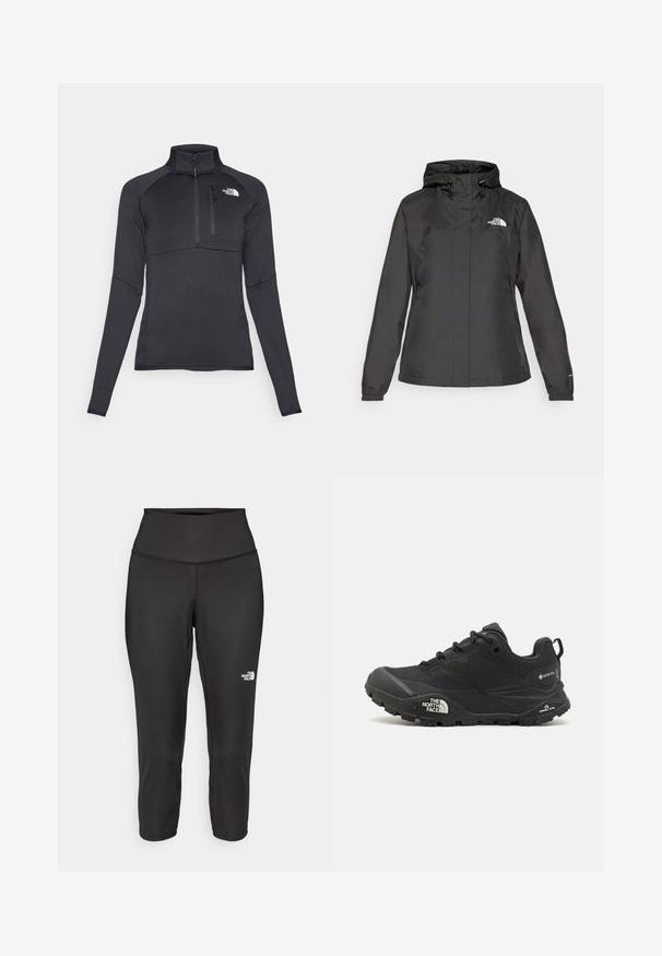 Juodas vandeniui atsparus švarkas su prisiūtu dizainu, reguliuojama pasukimo gobtuvu ir elastingais rankogaliais. Pakabinta logotipas kairėje krūtinės pusėje, sklandžią tekstūrą.; Juodas ilgomis rankovėmis puloveris su puse užtrauktuko apykakle, su krūtinės kišene ir baltu logotipu kairėje pusėje. Lygus, tamprus audinys.; Juodos capri tipo leggingai, pagaminti iš tamprios medžiagos, su aukštu juosmeniu ir mažu baltu logotipu kairėje pusėje. Lygi tekstūra.; Juodas žygio batelis su tekstūruotu viršumi, su raištelių uždarymu ir storu guminiu padu, ant šono išryškintas logotipas ir raštiškai išpjauti modeliai.