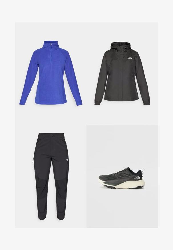 Fekete vízálló dzseki, passzos fazonnal, állítható húzózsinórral ellátott kapucnival és elasztikus mandzsettákkal. Bal mellen logóval és sima textúrával rendelkezik.; Lila fleece pulóver magas gallérral, félig cipzáras elülső záródással és hosszú raglán ujjal. Puha tapintás és sima felület.; Fekete kültéri nadrág tartós anyagból. Cipzáros zsebekkel, megerősített térdpanellel és egyenes szabással a mozgékonyságért.; Fekete sportcipő, texturált felsőrésszel, szürke kiegészítőkkel és fehér középtalppal. Húzófüllel és kiemelkedő márkalandírral a sarkán.