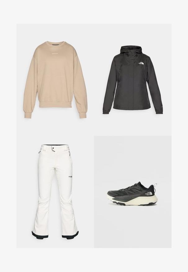 Crna vodootporna jakna s uskim krojem, podesivim kapuljačom s vezicom i elastičnim manžetama. Sadrži logo na lijevoj strani prsnog koša i glatku teksturu.; Bež dukserica od mekanog materijala, s okruglim izrezom, rebrastim manžetama i malim bijelim logotipom na grudima. Strukturalni i opušten fit.; Bijele skijaške hlače izrađene od mekog, fleksibilnog materijala. Imaju uski struk, široke ispružene nogavice i crne obrube na manžetama. Vidljiv brend logo.; Crna atletska cipela s teksturiranim gornjim dijelom, sivim detaljima i bijelim međuslojem. Ima držač i istaknutu marku na peti.