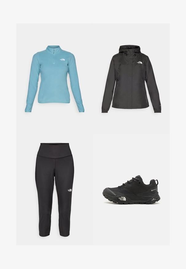 Svart vattentät jacka med en figursydd design, justerbar dragsko i huvan och elastiska ärmslut. Har logotyp på vänster bröst och slät textur.; The North Face 100 GLACIER 1/4 ZIP - Fleecetröja - algae blue; Svarta capri leggings tillverkade av stretchigt tyg, med hög midja och en liten vit logotyp på vänster sida. Slät yta.; Svart vandringsskor med en texturerad övre del, snörning och en kraftig gummisula som har en framträdande logotyp på sidan och mönster i sulan.