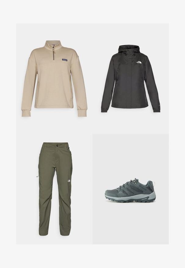 Black waterproof jacket with a fitted design, adjustable drawstring hood, and elastic cuffs. Features logo on left chest and smooth texture.; Beige fleece pullover with a half zip, standing collar, and long sleeves. Features a small patch logo on the left chest. Soft texture.; The North Face EXPLORATION PANTS - Outdoor trousers - new taupe green; Dark grey hiking shoes with mesh and suede upper, lace-up design, cushioned sole, and rugged outsole with grip pattern.