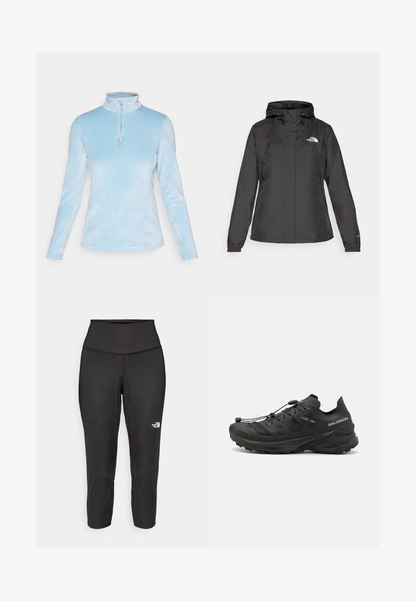 Black waterproof jacket with a fitted design, adjustable drawstring hood, and elastic cuffs. Features logo on left chest and smooth texture.; Spyder SHIMMER BUG 1/2 ZIP - Fleece jumper - blue drift; Black capri leggings made from stretchy fabric, featuring a high waistband and a small white logo on the left side. Smooth texture.; Black trail running shoes with a textured upper, mesh panels, and a secure fastening system. Features a rugged outsole for traction.