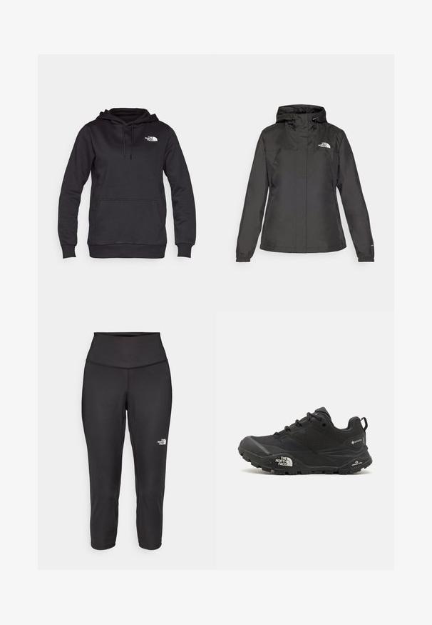 Fekete vízálló dzseki, passzos fazonnal, állítható húzózsinórral ellátott kapucnival és elasztikus mandzsettákkal. Bal mellen logóval és sima textúrával rendelkezik.; Fekete kapucnis sweatshirt pamut keverékből, kenguruzsebbel és fehér logóval a mellrészen. Puha tapintású és hosszú ujjú.; Fekete capri leggings, rugalmas anyagból készült, magas derékkal és egy kis fehér logóval a bal oldalon. Sima tapintású.; Fekete túrázó cipő texturált felsőrésszel, fűzős záródással és vastag gumitalppal, mely oldalán egy kiemelkedő logó és mintázott talpkialakítás található.
