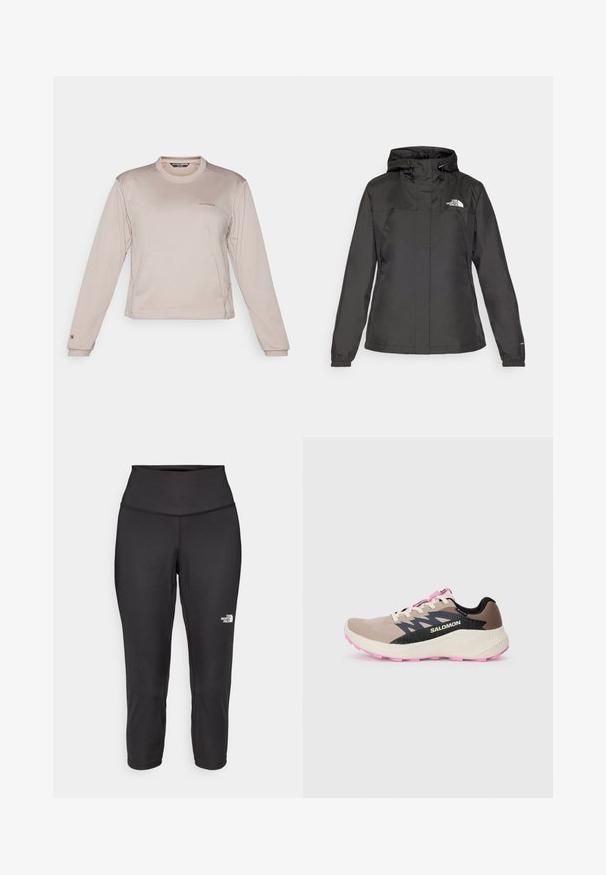 Zwarte waterdichte jas met een aansluitend ontwerp, verstelbare trekkoordkap en elastische manchetten. Heeft een logo op de linkerborst en een gladde textuur.; Langdurig, licht beige sportshirt met lange mouwen, gemaakt van een gestructureerde, ademende stof. Het shirt heeft een ronde hals en een subtiele logo op de borst.; Zwarte capri-legging gemaakt van rekbare stof, met een hoge tailleband en een klein wit logo aan de linkerkant. Glad textuur.; Beige en roze Salomon hardloopschoen met zwart logo en ontwerpelementen, crèmekleurige tussenzool en roze loopzool, vanuit de zijkant gezien op een effen achtergrond.