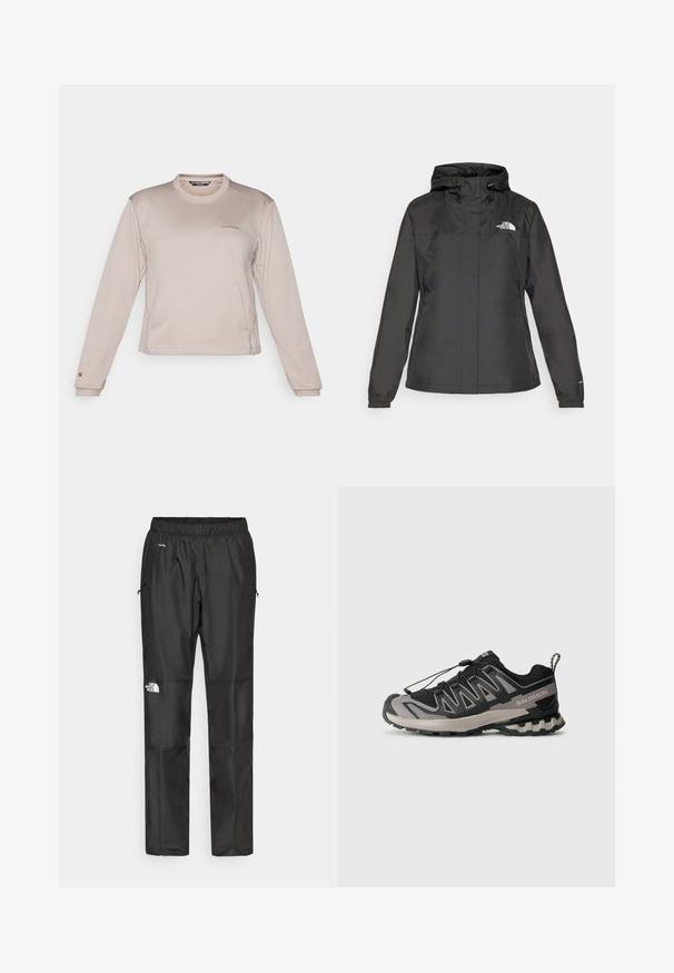 Črna vodoodporna bunda s prilegajočim dizajnom, nastavljivo kapuco z vrvico in elastičnimi manšetami. Ima logotip na levem prsnem delu in gladko teksturo.; Dolgi rokavi, svetlo bež športna srajca iz teksturiranega, zračnega materiala z okroglim ovratnikom in diskretno logotipom na prsih.; Črne nepremočljive hlače iz lahkega materiala, z elastičnim pasom, stranskimi žepi in logotipom na levi nogi.; Črne in sive športne čevlje z mrežasto zgornjim delom, gumijastim podplatom in elastiko za vezalke. Imajo ojačan prst in teksturirane detajle.