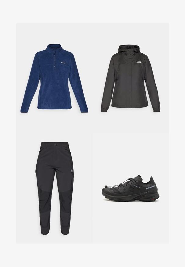 Giacca impermeabile nera con design aderente, cappuccio regolabile con cordino e polsini elasticizzati. Presenta il logo sul petto sinistro e una texture liscia.; Pullover in fleece blu con colletto alto, caratterizzato da una parte anteriore con mezza apertura a bottoni, tessuto testurizzato e un piccolo logo sul lato superiore sinistro.; Pantaloni neri da esterno realizzati in tessuto durevole. Presentano tasche con zip, pannelli rinforzati sulle ginocchia e un design a taglio dritto per la massima mobilità.; Scarpe da trail running nere con una parte superiore testurizzata, pannelli in rete e un sistema di chiusura sicuro. Presentano una suola robusta per una buona trazione.