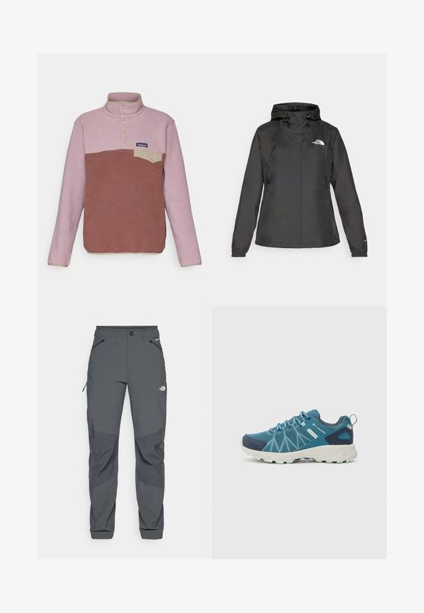 Casaco impermeável preto com design ajustado, capuz com cordão ajustável e punhos elásticos. Apresenta logotipo no lado esquerdo do peito e textura suave.; Patagonia SNAP - Camisola de lã polar - dulse mauve; Calças de exterior cinza escuras com remendos reforçados nos joelhos, bolsos laterais e frontais com fecho éclair, fecho de botão e o logotipo The North Face na coxa.; Columbia PEAKFREAK™ II OUTDRY™ - Sapatos de caminhada - blue heron/skylight
