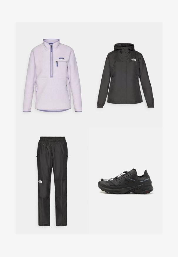 Must värvimata jope, millel on vormitud disain, reguleeritav nööriga kapuuts ja elastsed mansetid. Vasakul rinnal on logo ning jope on sileda tekstuuriga.; Heled lilla villane pullover, millel on veerandi tõmblukk, tõmblukuga rinnaehe, tekstureeritud kangas ning kontrastsed lillad aktsendid varrukatel ja äärtes.; Mustad veepidavad püksid, mis on valmistatud kergest kangast, elastse vöökoha, küljetaskute ja logo kahel jalal.; Mustad mustarunnakingad tekstuuriga ülemise osa, võrkpaneelide ja kindla kinnitussüsteemiga. Omab robustset talda haardeks.