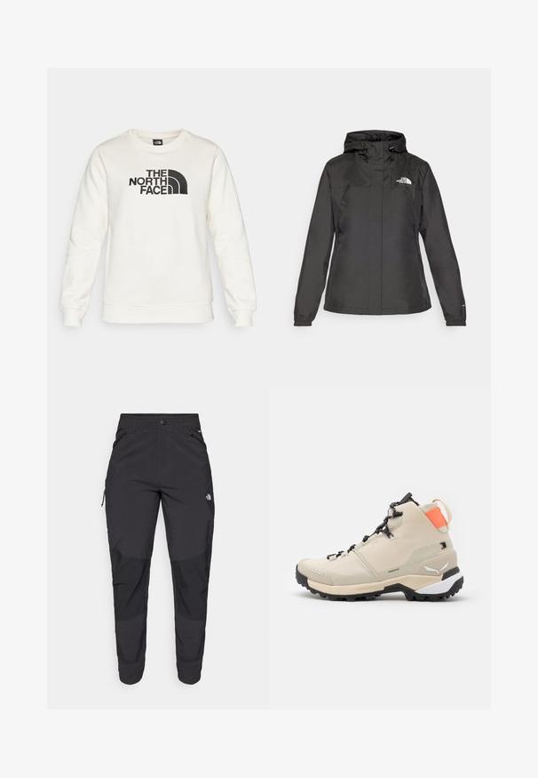 Fekete vízálló dzseki, passzos fazonnal, állítható húzózsinórral ellátott kapucnival és elasztikus mandzsettákkal. Bal mellen logóval és sima textúrával rendelkezik.; The North Face DREW PEAK CREW - Melegítőfelső - white dune; Fekete kültéri nadrág tartós anyagból. Cipzáros zsebekkel, megerősített térdpanellel és egyenes szabással a mozgékonyságért.; Salewa PUEZ MID PTX - Túracipők - oatmeal