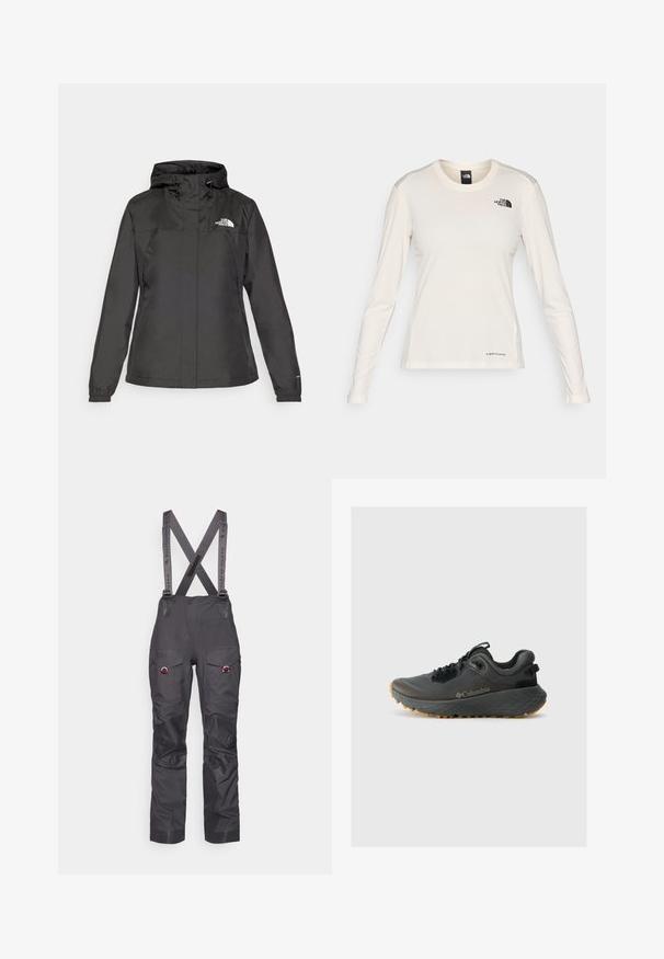 Čierna nepremokavá bunda s priliehavým strihom, nastaviteľnou kapucňou na šnúrku a elastickými manžetami. Obsahuje logo na ľavej hrudi a hladký povrch.; The North Face SHADOW LONG SLEEVE - Top s dlhým rukávom - white dune; Čierne vodotesné lyžiarske nohavice s nastaviteľnými traky, zosilnenými kolenami, viacerými vreckami a kontrastnými šedými popruhmi. Odolná textúra tkaniny.; Columbia TERRASTRIDE CRZ - Turistické topánky - shark/black