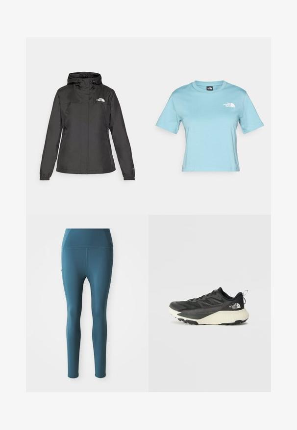 Must värvimata jope, millel on vormitud disain, reguleeritav nööriga kapuuts ja elastsed mansetid. Vasakul rinnal on logo ning jope on sileda tekstuuriga.; Hele helesinine puuvillane T-särk lühikeste varrukatega ja ümmarguse kaelusega. Omab väikest valget logo rinnal ja lõdva istuvusega disaini.; Teal venivad retuusid siledast materjalist, kõrge vöökoht, küljetaskud ja nähtamatud õmblused, mõeldud spordiriietuseks.; Musty mustusjalats musta pealisega, millel on tekstuur, hallid aktsendid ja valge vaheosa. Sisaldab tõmbeosa ning silmapaistvat brändi logo kandadel.