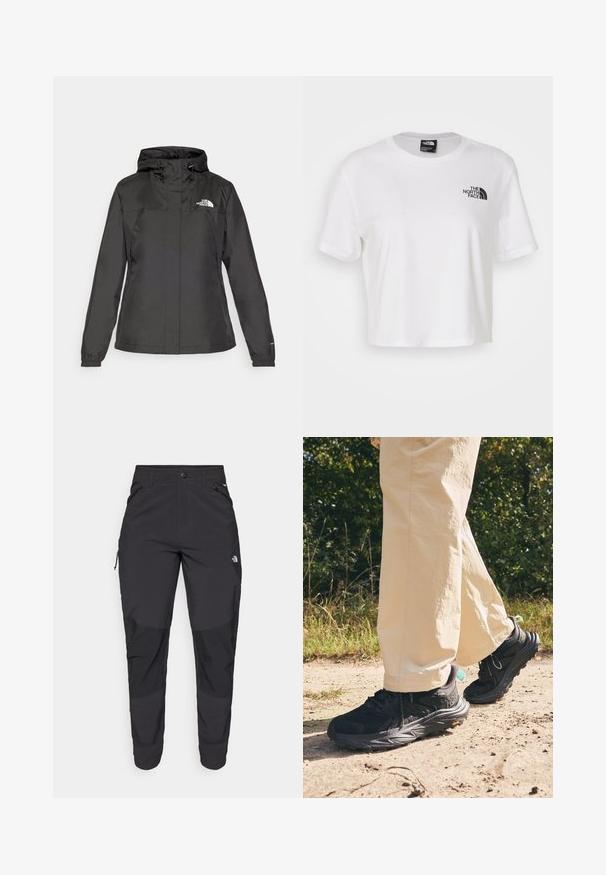 Crna vodootporna jakna s uskim krojem, podesivim kapuljačom s vezicom i elastičnim manžetama. Sadrži logo na lijevoj strani prsnog koša i glatku teksturu.; Bijela kratka majica od pamuka s okruglim izrezom i kratkim rukavima. Sadrži crni logo na lijevoj strani prsnog koša.; Crne vanjske hlače izrađene od izdržljivog materijala. Imaju džepove sa zatvaračem, ojačane paneli na koljenima i ravni kroj za slobodu pokreta.; Crne planinarske tenisice s teksturiranim gornjim dijelom, vezanjem na vezice i debelim potplatom na kojem je logo Vibram. Nosene su s svijetlim hlačama.