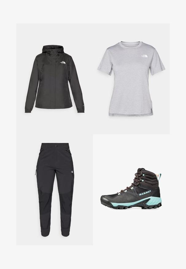 Czarna wodoodporna kurtka o dopasowanym kroju, z regulowanym kapturem ze sznurkiem i elastycznymi mankietami. Posiada logo na lewej piersi oraz gładką teksturę.; Szara, krótkozasięgowa koszulka wykonana z miękkiego, odprowadzającego wilgoć materiału. Posiada okrągły dekolt oraz małe białe logo w górnym lewym rogu.; Czarne spodnie outdoorowe wykonane z trwałego materiału. Posiadają kieszenie zapinane na zamek, wzmocnione panele na kolanach oraz prosty krój zapewniający swobodę ruchów.; Czarne buty turystyczne z wzmocnionym czubkiem, turkusowymi akcentami, teksturowanym wierzchem oraz wzorzystą podeszwą. Posiadają wielokolorowe sznurówki i wyściełany kołnierz.
