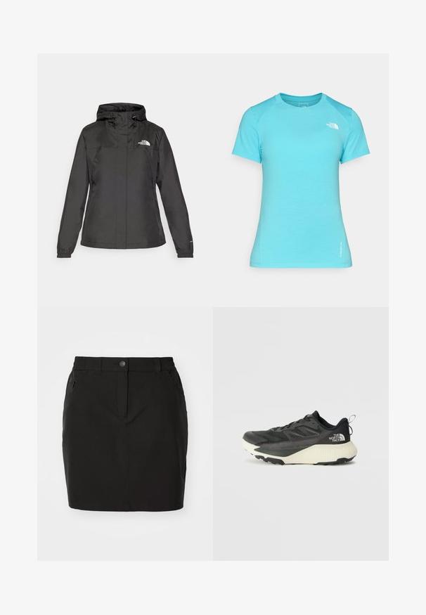 Must värvimata jope, millel on vormitud disain, reguleeritav nööriga kapuuts ja elastsed mansetid. Vasakul rinnal on logo ning jope on sileda tekstuuriga.; Heledad sinistee lihav särk, mis on valmistatud pehmest kangast, ringja kaelusega ja väike valge logo vasakul ülal.; Must mustriga, pehmest kangast, disainiga must seelik. Omab esipoolset nuppu, tõmblukuga taskut ja elastset vöökohta mugavuse tagamiseks.; Musty mustusjalats musta pealisega, millel on tekstuur, hallid aktsendid ja valge vaheosa. Sisaldab tõmbeosa ning silmapaistvat brändi logo kandadel.