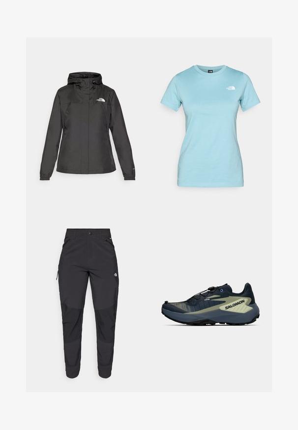 Fekete vízálló dzseki, passzos fazonnal, állítható húzózsinórral ellátott kapucnival és elasztikus mandzsettákkal. Bal mellen logóval és sima textúrával rendelkezik.; Világoskék pamut póló rövid ujjakkal és kerek nyakkivágással; a bal felső mellrészen egy kicsi fehér logó található.; Fekete kültéri nadrág tartós anyagból. Cipzáros zsebekkel, megerősített térdpanellel és egyenes szabással a mozgékonyságért.; Sötétkék és olajzöld terepfutó cipő fekete talppal, gyorsfűző rendszerrel és oldalon található "SALOMON" márkázással.