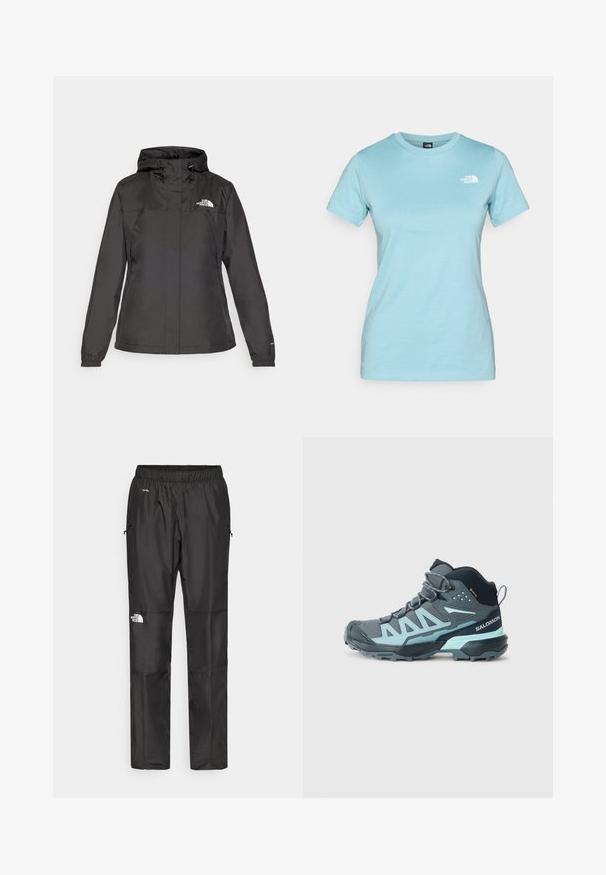 Black waterproof jacket with a fitted design, adjustable drawstring hood, and elastic cuffs. Features logo on left chest and smooth texture.; Light blue cotton t-shirt with short sleeves and a crew neck; features a small white logo on the upper left chest area.; Black waterproof pants made from lightweight fabric, featuring an elastic waistband, side pockets, and a logo on the left leg.; Mid-cut hiking shoe in dark gray with light blue accents. Features a textured upper, reinforced toe, and a rugged outsole for traction.