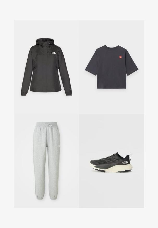 Black waterproof jacket with a fitted design, adjustable drawstring hood, and elastic cuffs. Features logo on left chest and smooth texture.; Short-sleeve, dark grey T-shirt made of cotton. Features a square red logo patch on the left chest area. Regular fit with a round neckline.; Gray sweatpants with an elastic waistband and drawstring. The fabric is soft, featuring elastic cuffs at the ankles and a logo accent.; Black athletic shoe with a textured upper, featuring gray accents and a white midsole. Includes a pull tab and prominent brand logo on the heel.