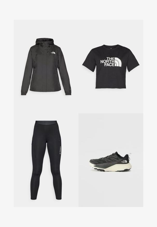Casaco impermeável preto com design ajustado, capuz com cordão ajustável e punhos elásticos. Apresenta logotipo no lado esquerdo do peito e textura suave.; T-shirt cropped preta feita de algodão, com um logotipo branco com acentos curvos e o texto "THE NORTH FACE" na parte da frente. Mangas curtas, gola redonda.; Leggings atléticas pretas com um design ajustado, feitas de material elástico. Apresentam bolsos laterais e a marca "TERREX" em branco.; Shoe atlético preto com um cabedal texturizado, apresentando detalhes em cinza e uma entressola branca. Inclui uma alça e um logótipo da marca em destaque no calcanhar.