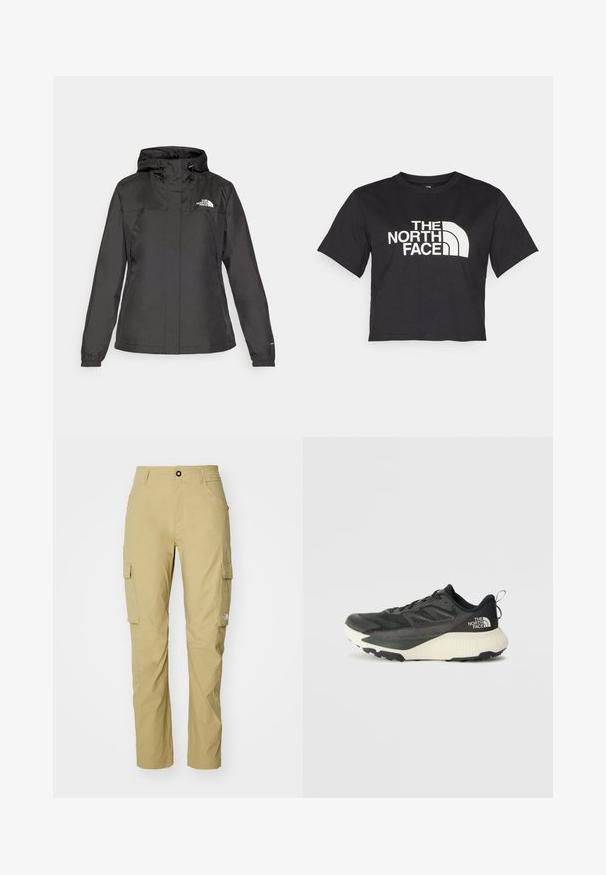 Black waterproof jacket with a fitted design, adjustable drawstring hood, and elastic cuffs. Features logo on left chest and smooth texture.; Black cropped t-shirt made of cotton, featuring a white logo with curved accents and text "THE NORTH FACE" on the front. Short sleeves, crew neck.; Cargo pants in light khaki, featuring a straight leg, multiple side pockets, and a simple waistband with a button closure. Texture is smooth.; Black athletic shoe with a textured upper, featuring gray accents and a white midsole. Includes a pull tab and prominent brand logo on the heel.