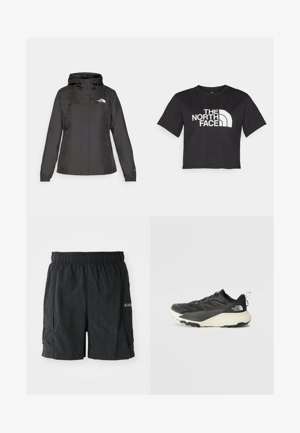Musta vesitiivis takki, jossa on istuva muotoilu, säädettävä nyöripäällinen ja elastiset hihansuut. Vasemmassa rinnassa logo ja sileä pinta.; Musta lyhythihainen crop-top, joka on valmistettu puuvillasta. Etupuolella on valkoinen logo, jossa on kaarevat koristelut ja teksti "THE NORTH FACE". Lyhyet hihat, pyöreä kaula-aukko.; Mustat cargo-shortsit, jotka on valmistettu kevyestä kankaasta. Niissä on joustava vyötärönauha, sivutaskut ja logo oikealla alareunassa.; Musta urheilukengä, jossa on teksturoitu päällinen, harmaita yksityiskohtia ja valkoinen välipohja. Sisältää vetotagin ja näkyvän tuotemerkin logon kantapäässä.