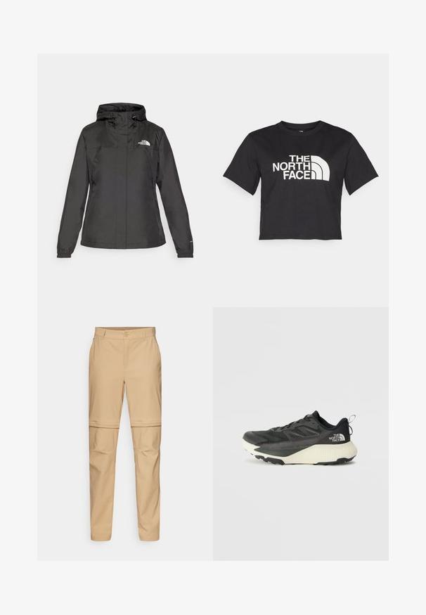 Melna ūdensizturīga jaka ar pieguļošu dizainu, regulējamu kapuci ar stringa aizdari un elastīgām aprocēm. Iekļauj logotipu kreisajā krūtī un gludu tekstūru.; Melnā īsā t-kreklā no kokvilnas, ar baltu logo un izliektiem akcentiem, uz kura ir uzraksts "THE NORTH FACE" priekšpusē. Īsas piedurknes, apaļa izgriezuma kakla daļa.; Beige krāsas noņemamie lauku bikses ar taisnu priekšpusi, pogu aizdari un sašaurinātām kājām. Izgatavotas no viegla auduma ar gludu tekstūru.; Melna sporta kurpe ar teksturētu augšdaļu, kurai ir pelēki akcenti un balts vidusdaļa. Ietver vilkšanas cilpu un izteiktu zīmola logo uz papēža.