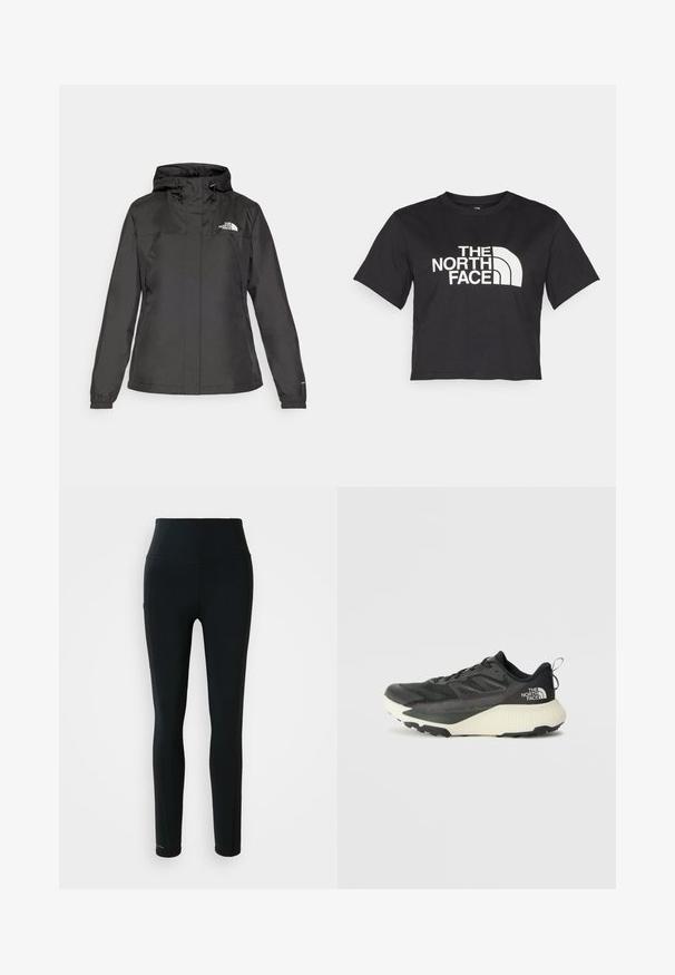 Crna vodootporna jakna s uskim krojem, podesivim kapuljačom s vezicom i elastičnim manžetama. Sadrži logo na lijevoj strani prsnog koša i glatku teksturu.; Crni kratki majica od pamuka s bijelim logotipom s zakrivljenim naglasima i tekstom "THE NORTH FACE" sprijeda. Kratki rukavi, okrugli ovratnik.; Crne tajice visokog struka za sport s bočnom džepom i punom dužinom na bijeloj pozadini.; Crna atletska cipela s teksturiranim gornjim dijelom, sivim detaljima i bijelim međuslojem. Ima držač i istaknutu marku na peti.