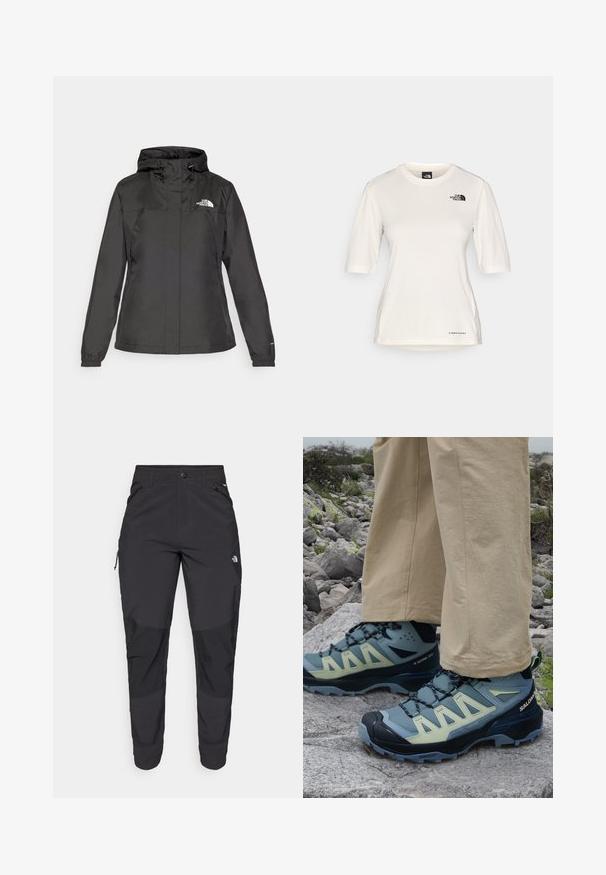 Svart vattentät jacka med en figursydd design, justerbar dragsko i huvan och elastiska ärmslut. Har logotyp på vänster bröst och slät textur.; The North Face SHADOW SHORT SLEEVE - T-shirt till träning - white dune; Svarta utomhusbyxor gjorda av slitstarkt material. Har fickor med dragkedja, förstärkta knäpaneler och en rak skärning för rörlighet.; Salomon X ULTRA 360 MID GTX - Hikingskor - trooper/carbon/arona