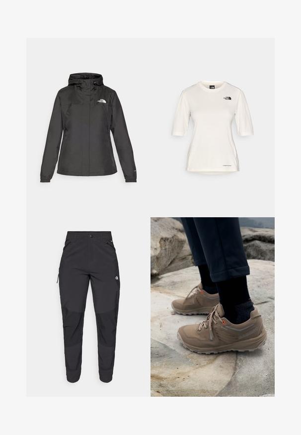 Črna vodoodporna bunda s prilegajočim dizajnom, nastavljivo kapuco z vrvico in elastičnimi manšetami. Ima logotip na levem prsnem delu in gladko teksturo.; The North Face SHADOW SHORT SLEEVE - Športne majice - white dune; Črne zunanje hlače iz trpežnega materiala. Imajo žepke na zadrgo, ojačane kolenske dele in ravno krojeno zasnovo za prosto gibanje.; Bež planinski čevlji, izdelani iz nobuk usnja in mrežice, z sivo dekoracijo in živimi oranžnimi luknjicami. Vidna blagovna znamka Gore-Tex na strani.