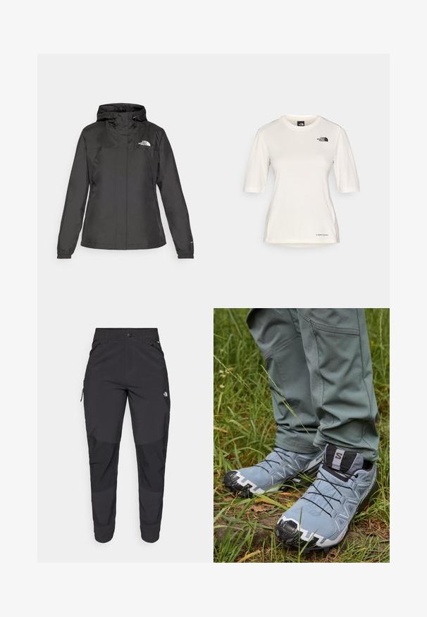 Svart vattentät jacka med en figursydd design, justerbar dragsko i huvan och elastiska ärmslut. Har logotyp på vänster bröst och slät textur.; The North Face SHADOW SHORT SLEEVE - T-shirt till träning - white dune; Svarta utomhusbyxor gjorda av slitstarkt material. Har fickor med dragkedja, förstärkta knäpaneler och en rak skärning för rörlighet.; Grå trail löparskor med en texturerad ovandel, svarta snören och en robust sula, i kombination med figurnära gröna byxor på gräsområde.