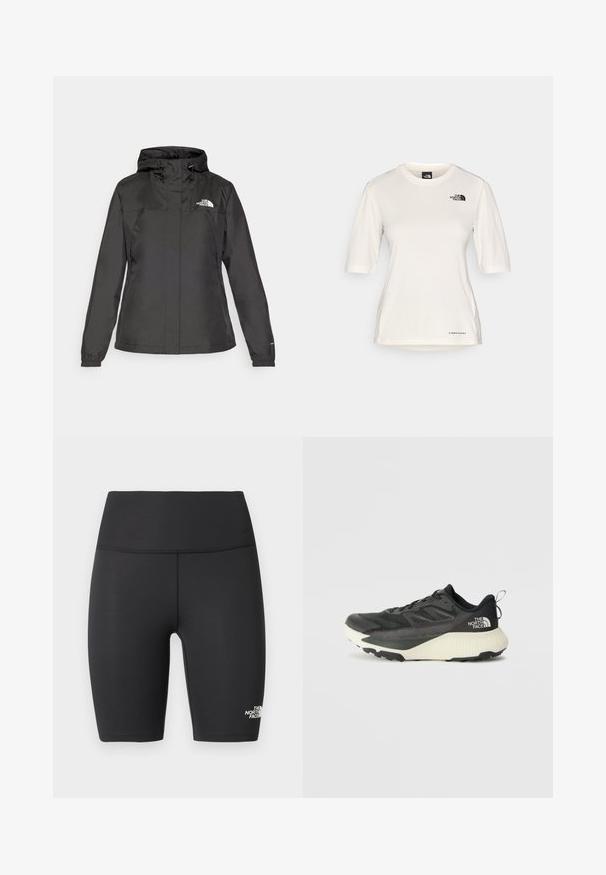 Chaqueta impermeable negra con un diseño ajustado, capucha con cordón ajustable y puños elásticos. Presenta un logo en el lado izquierdo del pecho y una textura suave.; The North Face SHADOW SHORT SLEEVE - Camiseta deportiva - white dune; Pantalones cortos deportivos tipo ciclista negros de cintura alta con costuras planas y el logo de The North Face en la parte inferior de la pierna izquierda.; Zapatilla deportiva negra con parte superior texturizada, que presenta acentos grises y una entresuela blanca. Incluye una lengüeta y un logotipo de la marca destacado en el talón.