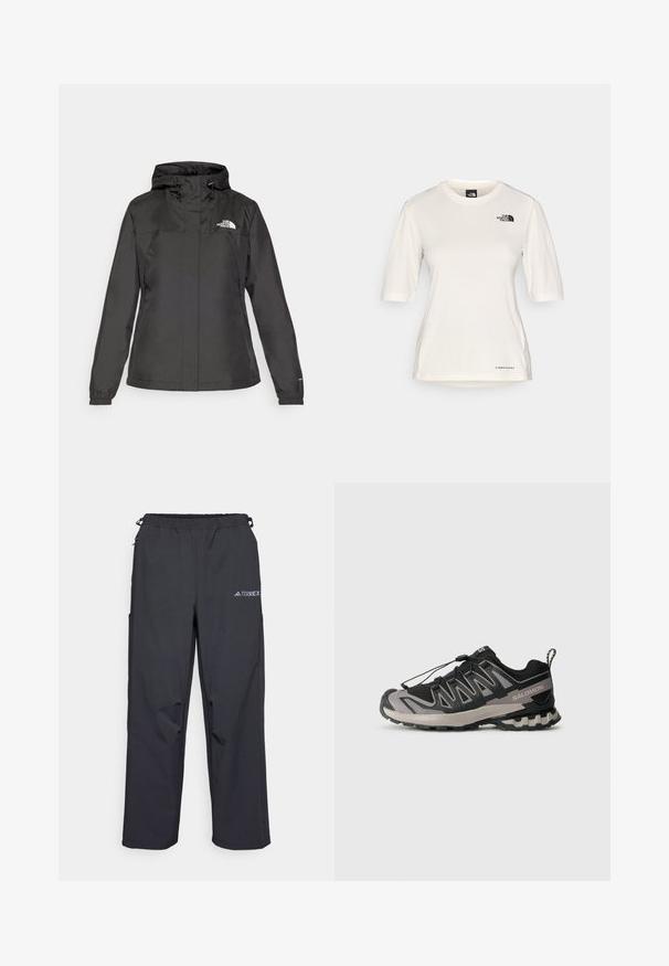Svart vanntett jakke med en tettsittende design, justerbar snøring i hetten og elastiske mansjetter. Har logo på venstre bryst og en glatt tekstur.; The North Face SHADOW SHORT SLEEVE - T-skjorte til trening - white dune; Sorte, lette utendørsbukser med elastisk midjebånd, sidelommer og en logo på øvre høyre bein. Glatt, vannavvisende stoff.; Svart og grå atletisk sko med mesh-overdel, gummisåle og elastisk snøresystem. Har forsterket tå og teksturerte detaljer.