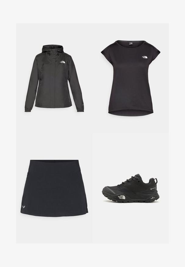 Juodas vandeniui atsparus švarkas su prisiūtu dizainu, reguliuojama pasukimo gobtuvu ir elastingais rankogaliais. Pakabinta logotipas kairėje krūtinės pusėje, sklandžią tekstūrą.; The North Face TANKEN TANK - Sportiniai marškinėliai trumpomis rankovėmis - black; Juodas sportinis sijonas, pagamintas iš tekstūruoto, kvėpuojančio audinio. Savybės: lygus juosmuo ir subtilios šoninės įpjovos, užtikrinančios judėjimo laisvę.; Juodas žygio batelis su tekstūruotu viršumi, su raištelių uždarymu ir storu guminiu padu, ant šono išryškintas logotipas ir raštiškai išpjauti modeliai.