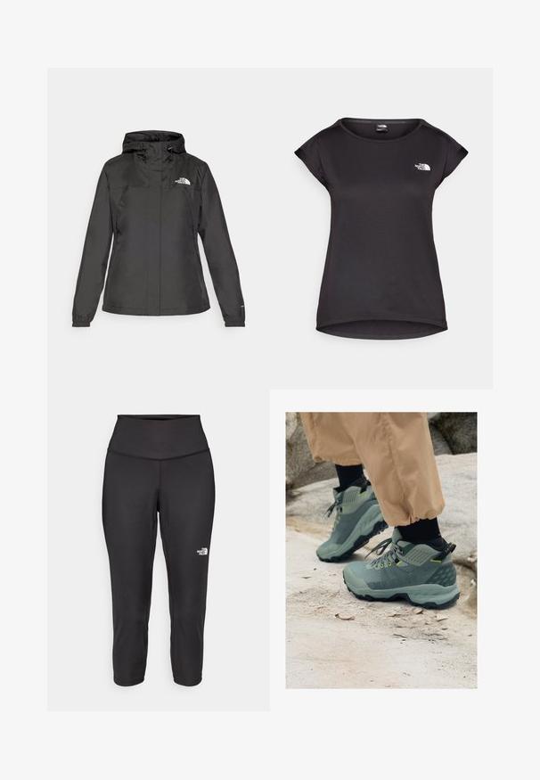 Sort vandtæt jakke med en tætsiddende design, justerbar snoretrækhætte og elastiske manchetter. Har logo på venstre bryst og glat tekstur.; The North Face TANKEN TANK - Sports T-shirts - black; Sorte capri leggings lavet af strækbart stof, med en høj talje og et lille hvidt logo på venstre side. Glat tekstur.; Mammut udendørssko i dæmpet grøn med tekstureret overdel, gule accenter og robust sort sål. Holdbart design til udendørsaktiviteter.