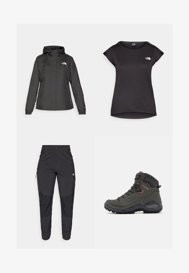 Sort vandtæt jakke med en tætsiddende design, justerbar snoretrækhætte og elastiske manchetter. Har logo på venstre bryst og glat tekstur.; The North Face TANKEN TANK - Sports T-shirts - black; Sorte udendørsbukser lavet af slidstærkt stof. Har lynlåslommer, forstærkede knæpaneler og en lige skæring for bedre bevægelighed.; Grøn vandrestøvle med højt ankeldesign, læder- og syntetisk materiale, gummisål og metaløjer til snørrebånd. Minimale detaljer.