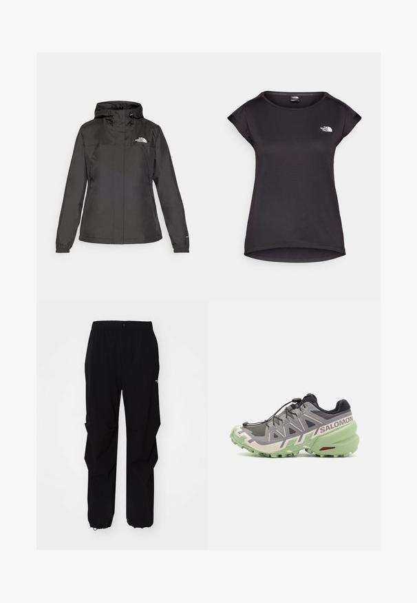 Veste imperméable noire au design ajusté, capuche avec cordon de serrage réglable et poignets élastiques. Logo sur la poitrine gauche et texture lisse.; The North Face TANKEN TANK - T-shirt de sport - black; Pantalons d'extérieur noirs en matériau durable, avec une coupe décontractée, une taille élastique et des poignets resserrés pour une longueur ajustable.; Chaussure de trail de course grise avec une tige en mesh texturé, semelle en caoutchouc verte et des éléments de design distinctifs, y compris un système de laçage rapide et un logo.