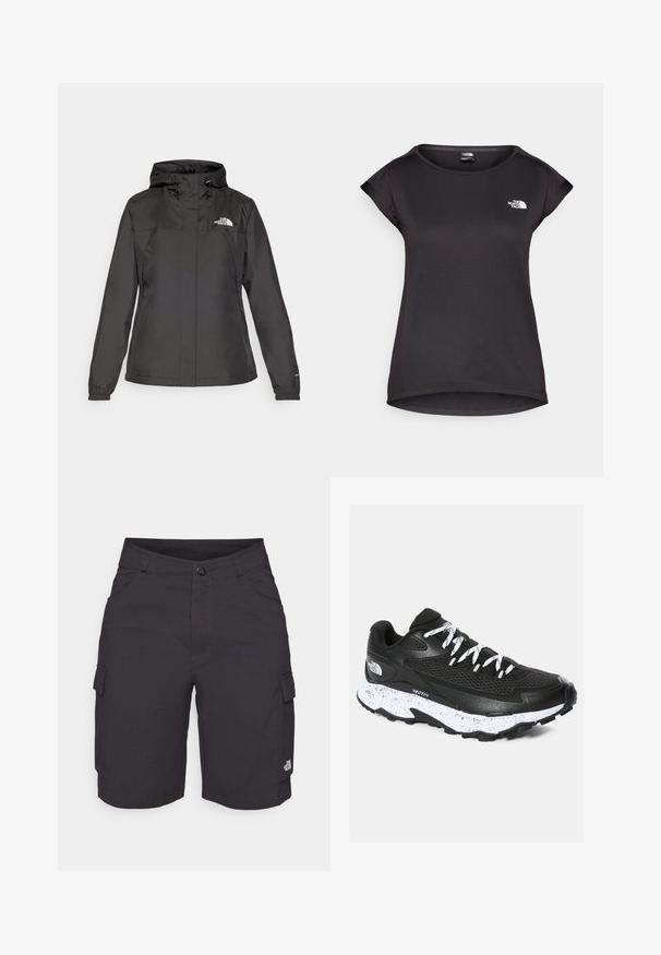 Svart vattentät jacka med en figursydd design, justerbar dragsko i huvan och elastiska ärmslut. Har logotyp på vänster bröst och slät textur.; The North Face TANKEN TANK - T-shirt till träning - black; Mörkgrå cargoshorts i lättviktsmaterial, med sidofickor, knäppning fram med knapp och varumärkeslogotyp på underbenet.; Svart träningsskor med meshuvändig och strukturerad design. Har vit prickig mellansula, tjock svart yttersula och reflekterande snören.