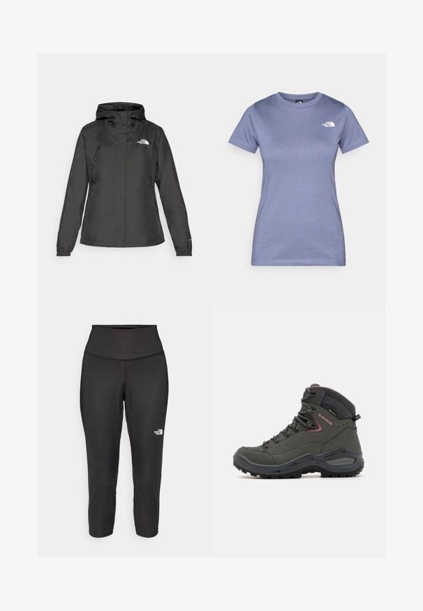 Must värvimata jope, millel on vormitud disain, reguleeritav nööriga kapuuts ja elastsed mansetid. Vasakul rinnal on logo ning jope on sileda tekstuuriga.; Heledalt lavendli lühikeste varrukatega t-särk, mis on valmistatud puuvillast, ümarat kaelust ja rinnal väike valge logo. Sile tekstuur.; Mustad mustad capri retuusid on valmistatud elastsetest kangast, millel on kõrge vöökoht ja väike valge logo vasakul küljel. Sile tekstuur.; Roheline matkajalats kõrge pahkluuga disain, nahast ja sünteetilisest materjalist, kummist tallaga ning metallist silmadega nööride jaoks. Minimalistlikud aksessuaarid.