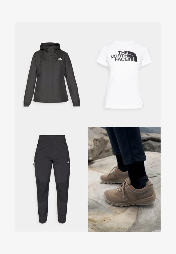 Černá voděodolná bunda s těsným střihem, nastavitelnou kapucí se šňůrkou a elastickými manžetami. Na levé straně hrudi se nachází logo a má hladkou texturu.; Bílé bavlněné tričko s černým grafickým potiskem loga "THE NORTH FACE" na přední straně. Krátké rukávy a kulatý výstřih.; Černé venkovní kalhoty vyrobené z odolné tkaniny. Mají zipové kapsy, zesílené kolenní panely a rovný střih pro větší pohyblivost.; Béžové turistické boty vyrobené z veluru a síťoviny s šedými akcenty a živými oranžovými očky. Na boku je viditelné branding Gore-Tex.
