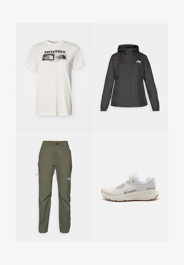 Μαύρο αδιάβροχο μπουφάν με εφαρμοστό σχέδιο, ρυθμιζόμενη κουκούλα με κορδόνι και ελαστικούς αστραγάλους. Διαθέτει λογότυπο στην αριστερή πλευρά του στήθους και λεία υφή.; Λευκό μπλουζάκι από βαμβάκι με κοντά μανίκια, που διαθέτει μαύρη εκτύπωση γραφικών με κείμενο και μοτίβα κυμάτων στο μπροστινό μέρος.; The North Face EXPLORATION PANTS - Παντελόνι εξωτερικού χώρου - new taupe green; Ελαφρύ αθλητικό παπούτσι Columbia σε λευκό διχτυωτό υλικό με υφή γκρι σόλας και ελαστική πρόσφυση. Διαθέτει επενδεδυμένο κολάρο και σχέδιο με κορδόνια.