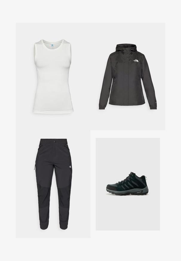 Black waterproof jacket with a fitted design, adjustable drawstring hood, and elastic cuffs. Features logo on left chest and smooth texture.; White sleeveless athletic top made of textured mesh fabric. Features a crew neckline and a fitted silhouette with smooth hems.; Black outdoor pants made of durable fabric. Feature zippered pockets, reinforced knee panels, and a straight cut design for mobility.; Columbia REDMOND - Hiking shoes - black/citron haze