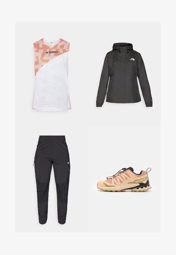 Casaco impermeável preto com design ajustado, capuz com cordão ajustável e punhos elásticos. Apresenta logotipo no lado esquerdo do peito e textura suave.; Top atlético branco sem mangas com riscas diagonais laranjas, superfície texturizada e logótipo "TERREX" na parte superior da frente.; Calças pretas para exterior feitas de um tecido resistente. Apresentam bolsos com fecho, painéis de joelhos reforçados e um design de corte reto para maior mobilidade.; Sapatilha de trail running da Salomon em rosa e bege, com um upper de malha texturizada, sola flexível, um design de calcanhar distinto e detalhes refletivos.
