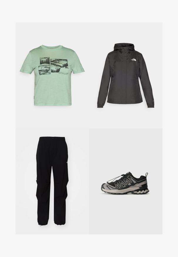 Svart vattentät jacka med en figursydd design, justerbar dragsko i huvan och elastiska ärmslut. Har logotyp på vänster bröst och slät textur.; Mintgrön t-shirt i mjukt tyg, med en svart grafisk design av naturscener över fyra paneler på framsidan.; Svarta utomhusbyxor gjorda av slitstarkt material, med en avslappnad passform, elastisk midja och indragna muddar för justerbar längd.; Svart och grå sportskor med övre i mesh, gummisula och elastiskt snörsystem. Har en förstärkt tå och texturerade detaljer.