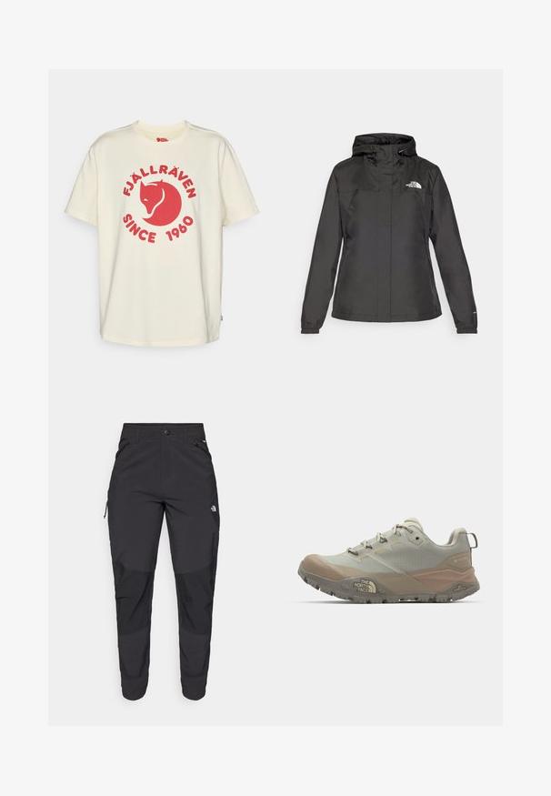 Black waterproof jacket with a fitted design, adjustable drawstring hood, and elastic cuffs. Features logo on left chest and smooth texture.; Cream-colored cotton t-shirt featuring a red graphic with a fox emblem, text reading "Fjällräven Since 1960," and a small accent at the hem.; Black outdoor pants made of durable fabric. Feature zippered pockets, reinforced knee panels, and a straight cut design for mobility.; Light gray athletic shoe with beige accents, made from synthetic material. Features a rugged sole, lace-up design, and branding on the side.