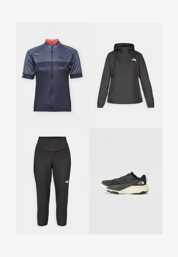 Schwarze wasserdichte Jacke mit figurschmeichelndem Design, verstellbarem Zugkordel-Kapuzen und elastischen Bündchen. Mit Logo auf der linken Brust und glatter Textur.; Männer-Radsporttrikot in Dunkelblau, mit kurzen Ärmeln, einem durchgehenden Reißverschluss auf der Vorderseite und einem kontrastierenden korallenfarbenen Innenkragen. Markenlogo auf der Brust.; Schwarze Capri-Leggings aus dehnbarem Stoff mit einem hohen Bund und einem kleinen weißen Logo auf der linken Seite. Glatte Textur.; Schwarzer Sportschuh mit strukturiertem Obermaterial, ausgestattet mit grauen Akzenten und einer weißen Zwischensohle. Enthält eine Zuglasche und ein markantes Markenlogo an der Ferse.